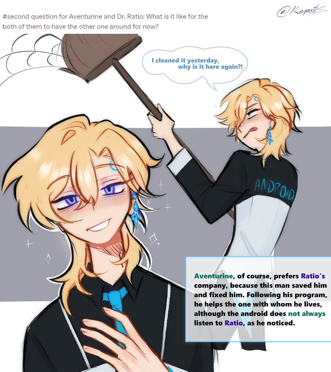 keps1k's tweet image. By the way, Ratio, as a fact, repairs not only humanoid androids, but can also repair animal androids. These androids are mostly off and of course Aventurine doesn't like it.

#ratiorine #ratiorinedbhau #Aventurine #DrRatio