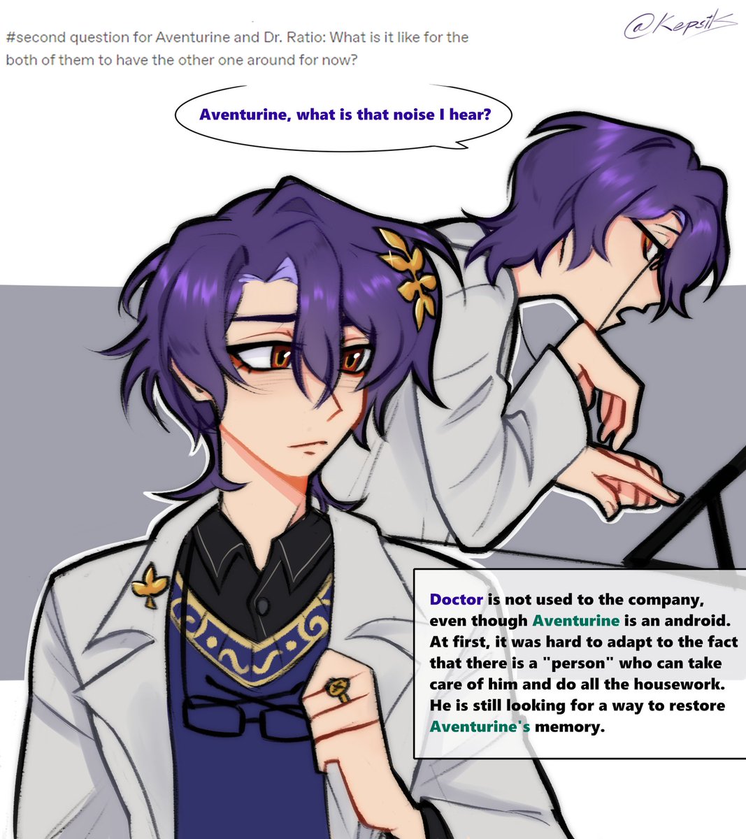 keps1k's tweet image. By the way, Ratio, as a fact, repairs not only humanoid androids, but can also repair animal androids. These androids are mostly off and of course Aventurine doesn't like it.

#ratiorine #ratiorinedbhau #Aventurine #DrRatio