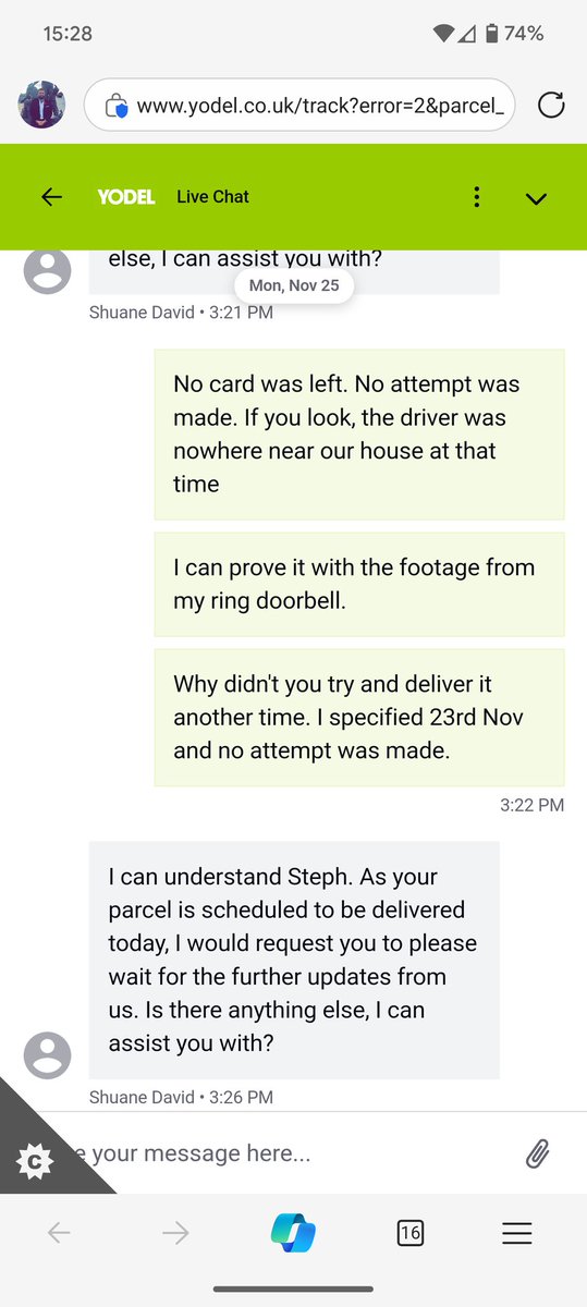 maxicrypto0's tweet photo. .@YodelOnline  why can't your Indian help team tell me why you've had my parcel for a week and lied about attempting delivery? It was supposed to be delivered on Thursday and you've never even bothered trying! #yodel #disgrace https://t.co/YsonLc0blb