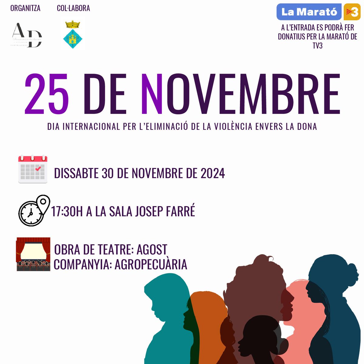 L'Associació de Dones l’Esplendor de Castelldans organitza amb motiu del 25N  💜  la representació de l'obra de teatre "Agost", de la companyia Agropecuària .

💛 A l’entrada es podran fer donatius per La Marató de TV3.

#25N #Castelldans