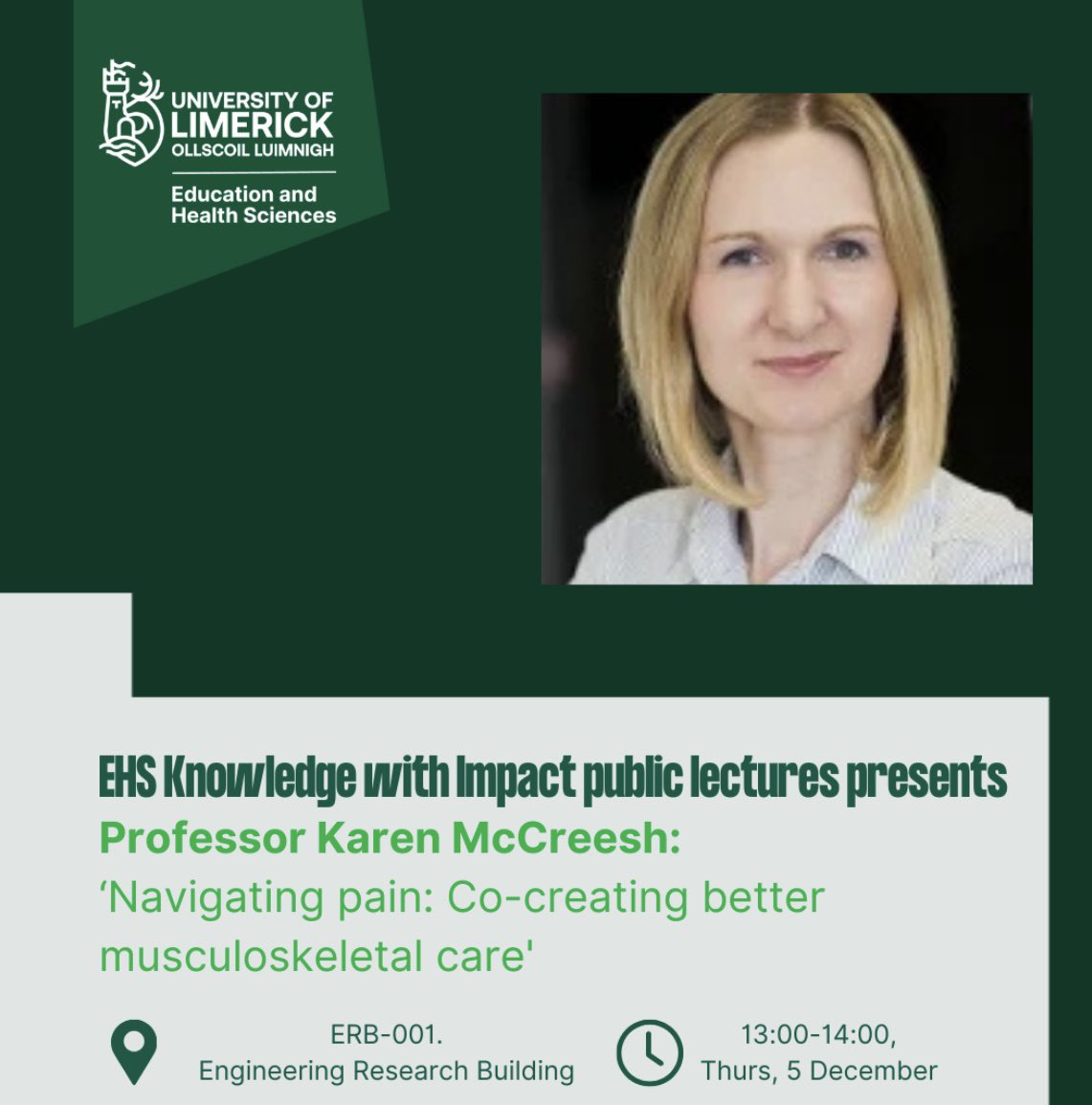School of Allied Health (@alliedhealthul) on Twitter photo Attend the upcoming EHS Knowledge with Impact public lecture:
Prof Karen McCreesh, <a href="/AlliedHealthUL/">School of Allied Health</a>, will present ‘Navigating pain: Co-creating better musculoskeletal care'
📍 ERB-001, Engineering Research Building
🗓️ 13:00, 5 December
Register👉 forms.office.com/e/F8ECZV2fG0 Attend the upcoming EHS Knowledge with Impact public lecture:
Prof Karen McCreesh, <a href="/AlliedHealthUL/">School of Allied Health</a>, will present ‘Navigating pain: Co-creating better musculoskeletal care'
📍 ERB-001, Engineering Research Building
🗓️ 13:00, 5 December
Register👉 forms.office.com/e/F8ECZV2fG0