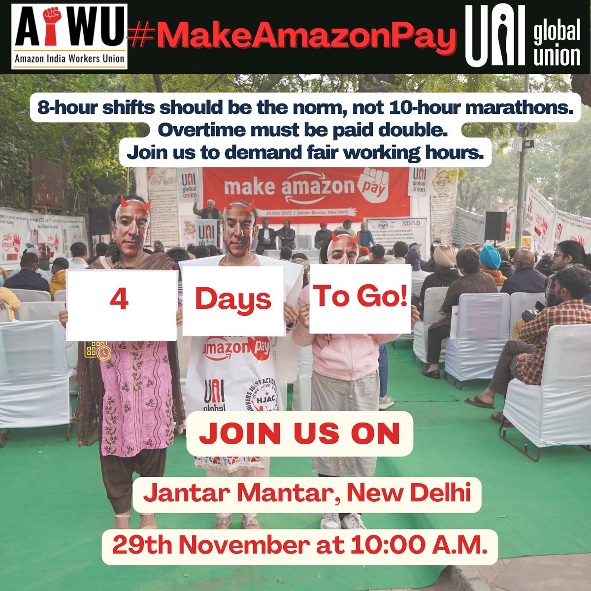 AiwuInd's tweet photo. 🚨 4 Days to Go! 🚨

 Fair working hours are a right, not a favor!
8-hour shifts should be the norm, not 10-hour marathons. Overtime must be paid double as per the law!

📅 29th November
📍 Jantar Mantar, New Delhi
🕙 10:00 A.M.

Together, we can #MakeAmazonPay https://t.co/YwhgEskOgH