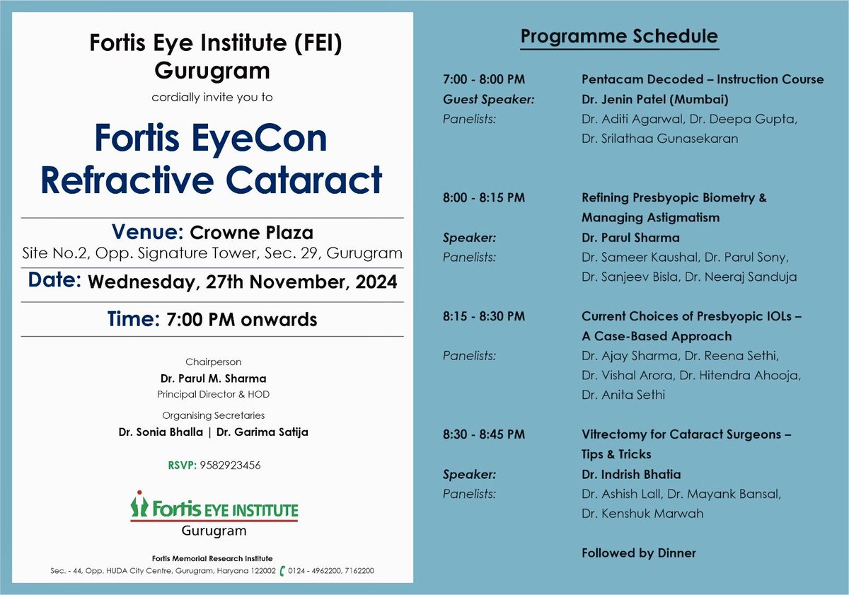 DrParulSharma1's tweet image. Dear Colleagues , looking forward to your active participation in this symposium which has been curated to deal with practical aspects of Interpreting Pentacam, Refining Presbyopic IOL outcomes and enhancing Refractive cataract surgery outcomes
#fortiseyeinstitute