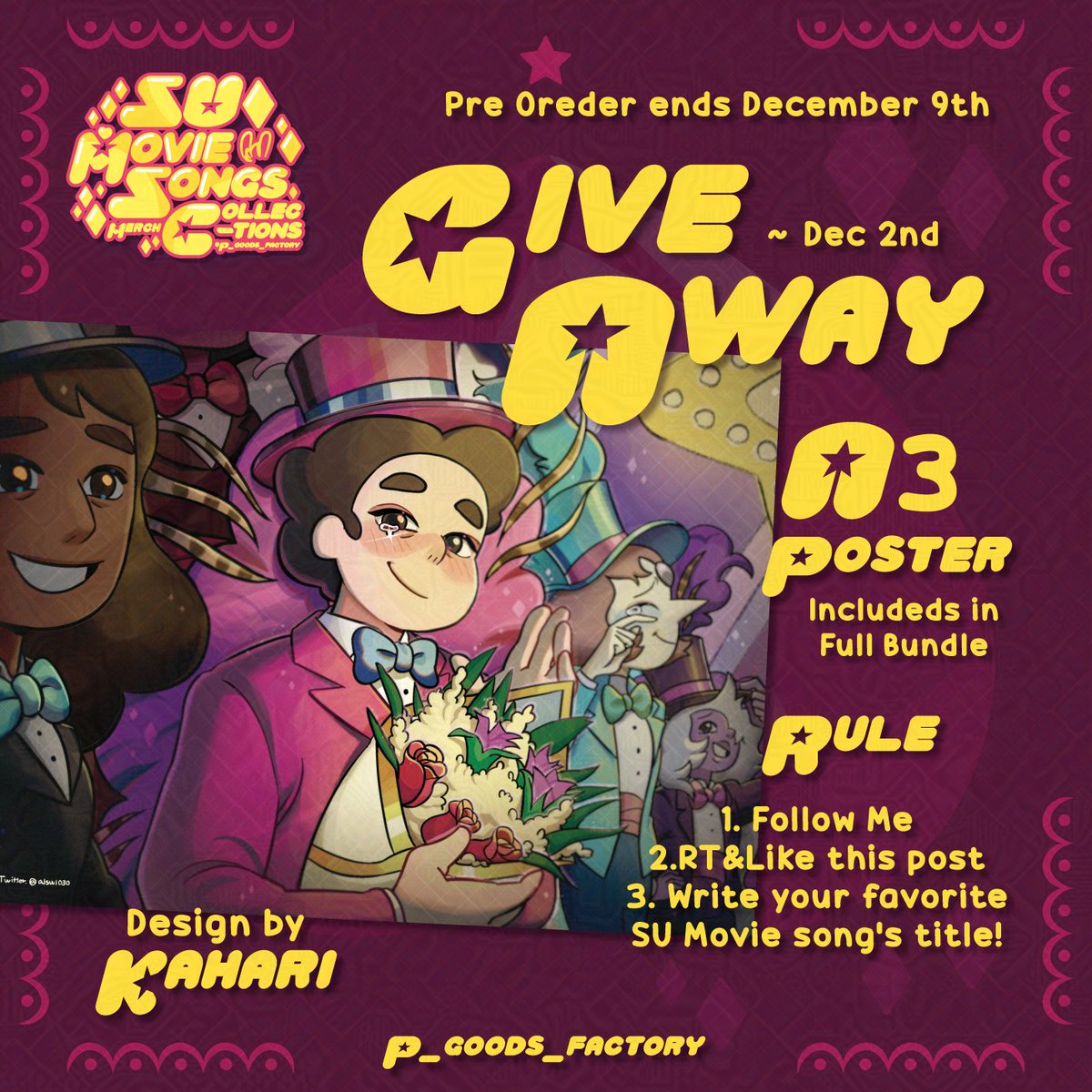 P_goods_factory's tweet photo. 🌟GIVE AWAY💐 #StevenUniverse

Only 2 weeks left until my SU Movie Songs Merch Collection per order ends! 

✨Rules - You should follow all!
- Follow me!
- Like &amp; RT!
- Write your favorite SU Movie song's title!
+ Tag your friend!

🍀Give away is available until December 2nd! https://t.co/tgUa7CMnYv