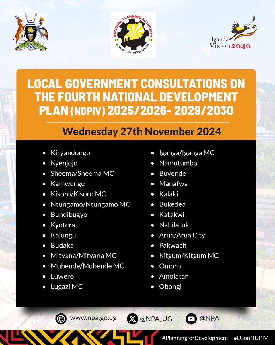 AAyinamaani's tweet image. @NPA_UG is running Local Government Consultations on the Fourth National Development Plan countywide. Be part of the conversations on your city radio… Below is the program 👇👇
#NDPIV #LGonNDPIV #PlanningForDevelopment