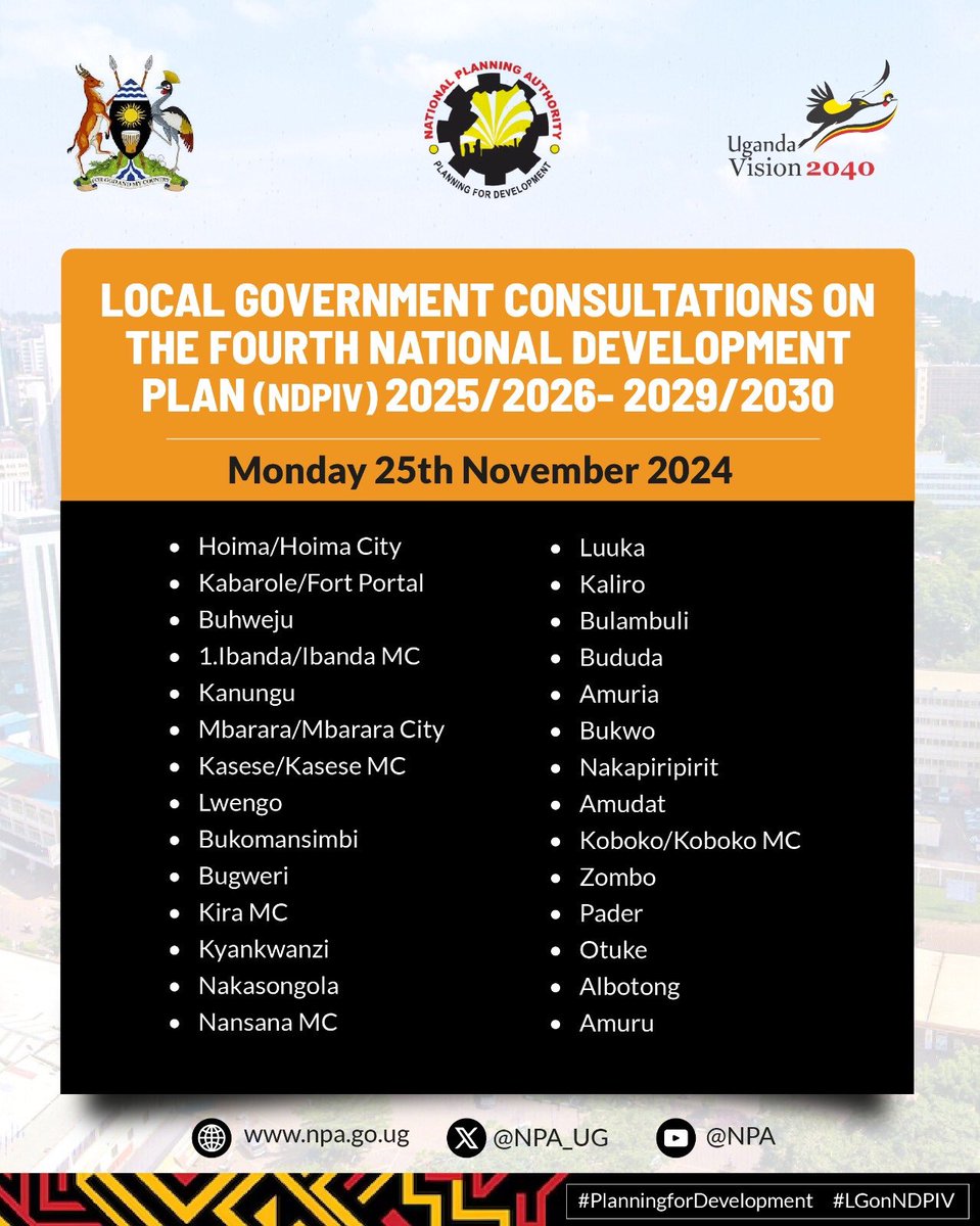 AAyinamaani's tweet image. @NPA_UG is running Local Government Consultations on the Fourth National Development Plan countywide. Be part of the conversations on your city radio… Below is the program 👇👇
#NDPIV #LGonNDPIV #PlanningForDevelopment