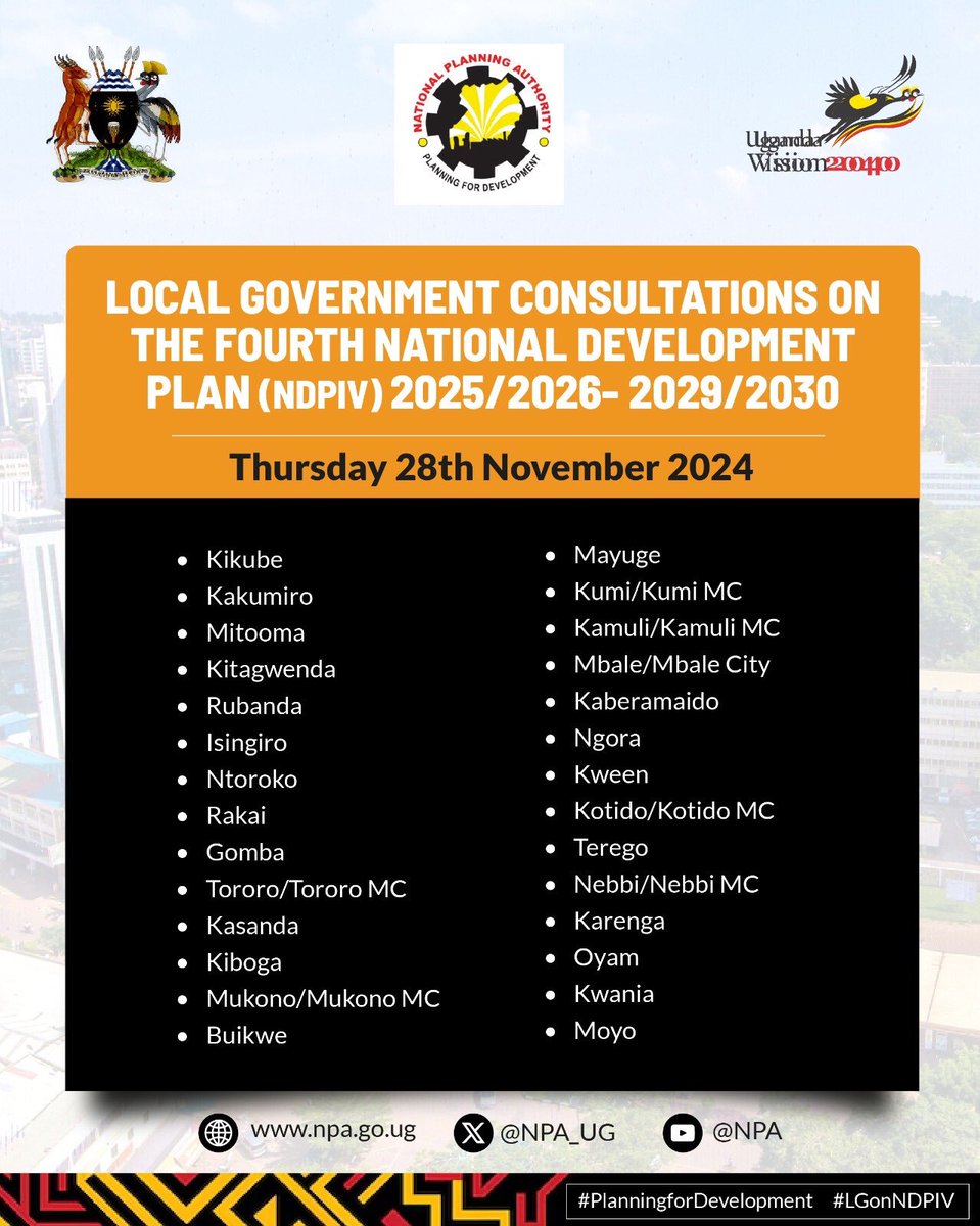 AAyinamaani's tweet image. @NPA_UG is running Local Government Consultations on the Fourth National Development Plan countywide. Be part of the conversations on your city radio… Below is the program 👇👇
#NDPIV #LGonNDPIV #PlanningForDevelopment