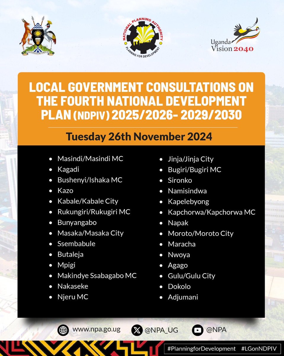 AAyinamaani's tweet image. @NPA_UG is running Local Government Consultations on the Fourth National Development Plan countywide. Be part of the conversations on your city radio… Below is the program 👇👇
#NDPIV #LGonNDPIV #PlanningForDevelopment