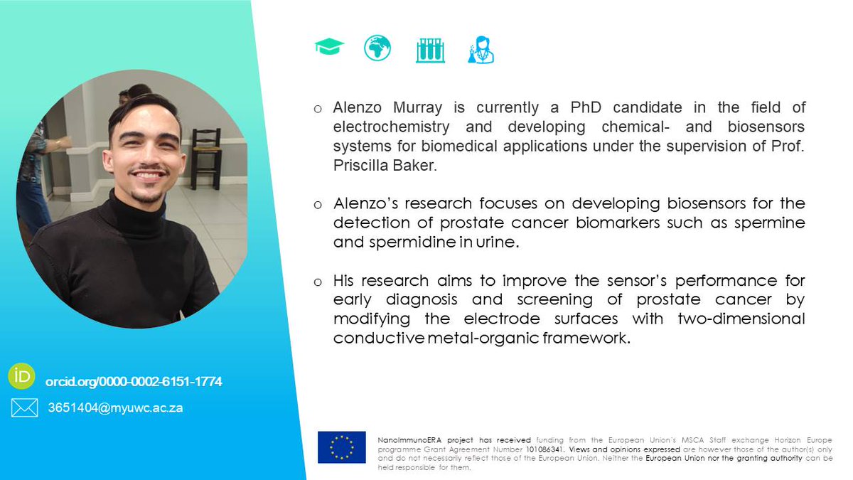 🌎Meet our secondees: Alenzo Murray from 🇿🇦
<a href="/UWConline/">UWC</a> to <a href="/unibo/">Università di Bologna</a> 🇮🇹
His research will focus on improving prostate cancer biosensor’s performance by modifying the electrode surfaces with two-dimensional conductive metal-organic framework.

#MSCA #HEU <a href="/MSCActions/">Marie Skłodowska-Curie Actions</a> <a href="/REA_research/">European Research Executive Agency</a>
