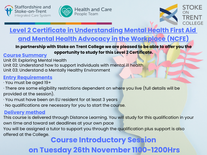 Stoke-on-Trent College are offering a Level 2 Course on Mental Health First Aid. The Introduction session is on Tuesday, 26 Nov 24 at 1100-1200Hrs.
Please click below for more details:
buytickets.at/staffordshires…
<a href="/StaffsStokeICS/">Staffordshire and Stoke-on-Trent ICS</a> <a href="/StaffsStokeICB/">Staffordshire and Stoke-on-Trent ICB</a> <a href="/NHSEngland/">NHS England</a> <a href="/NHSE_WTE/">NHS England Workforce, Training and Education</a> <a href="/SOTCollege/">Stoke on Trent College</a>