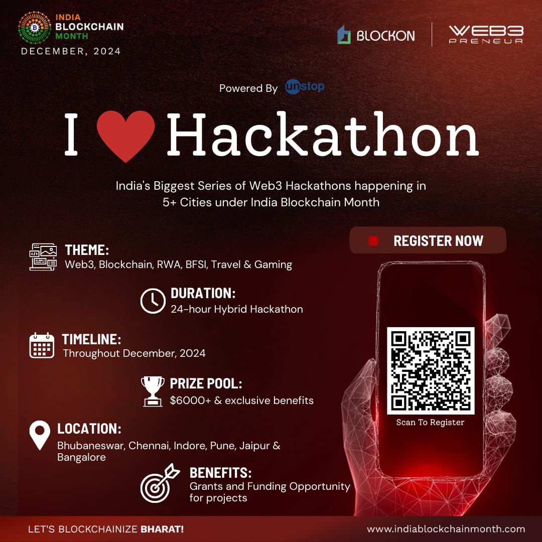 "India's biggest Web3 Hackathon series is coming!

7 cities, $5000+ prize pool &amp; mentorship!

Bhubaneswar | Chennai | Pune | Indore | Jaipur | Bangalore

Register now! bit.ly/4fIIGdp
#Web3 #Hackathon #Blockchain