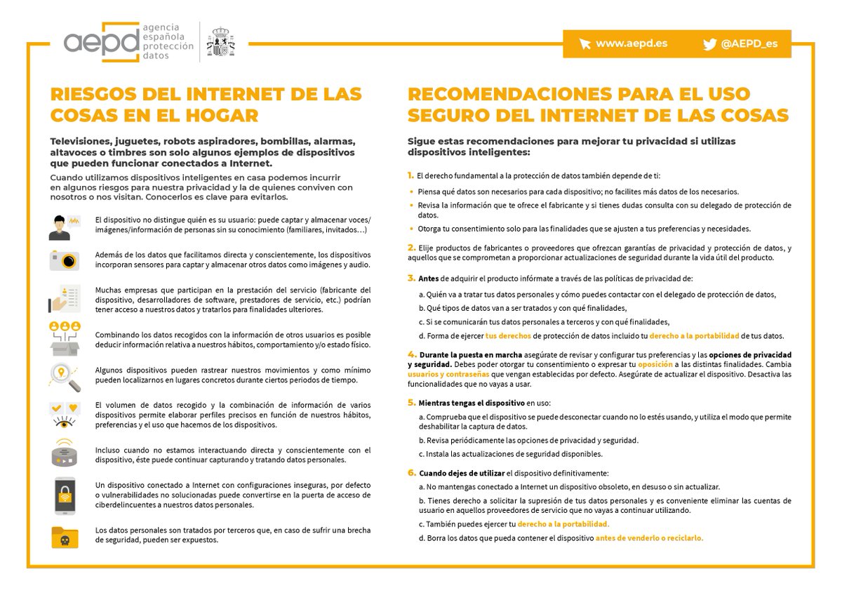 📱 Cuando utilizamos dispositivos inteligentes en casa podemos incurrir en algunos riesgos para nuestra privacidad y de la de quienes conviven con nosotros o nos visitan.

Conócelos para poder evitarlos: aepd.es/infografias/in…