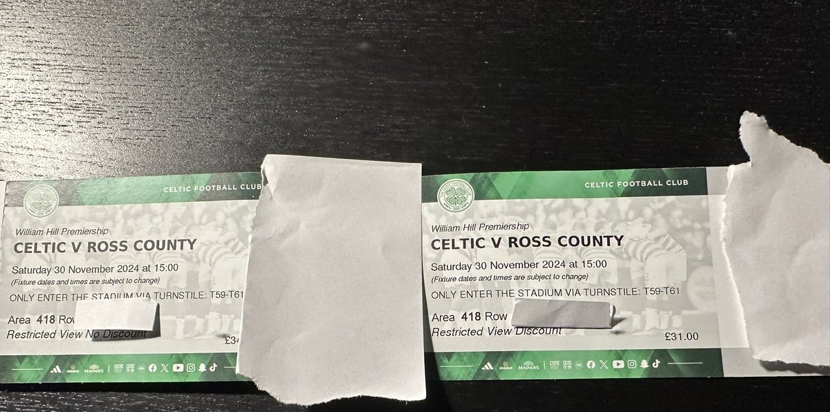 Right troops, 2 Spares (418) seated *close* together (two seats apart) for Ross County 30 Nov. Face value. Can meet city centre or paradise. HH🍀

<a href="/SparesCeltic/">Celtic Spares</a> <a href="/HoopsSpares111/">North Curve Spares</a>