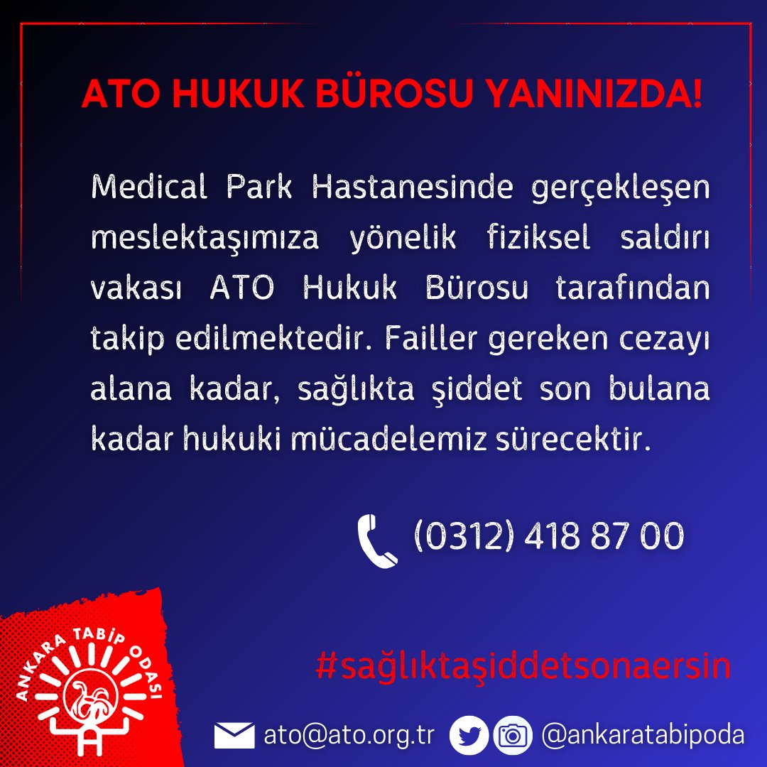 Medical Park Hastanesinde gerçekleşen meslektaşımıza yönelik fiziksel saldırı vakası ATO Hukuk Bürosu tarafından takip edilmektedir. Failler gereken cezayı alana kadar, sağlıkta şiddet son bulana kadar hukuki mücadelemiz sürecektir. 

ATO Hukuk Bürosu her zaman yanınızdadır!
☎️