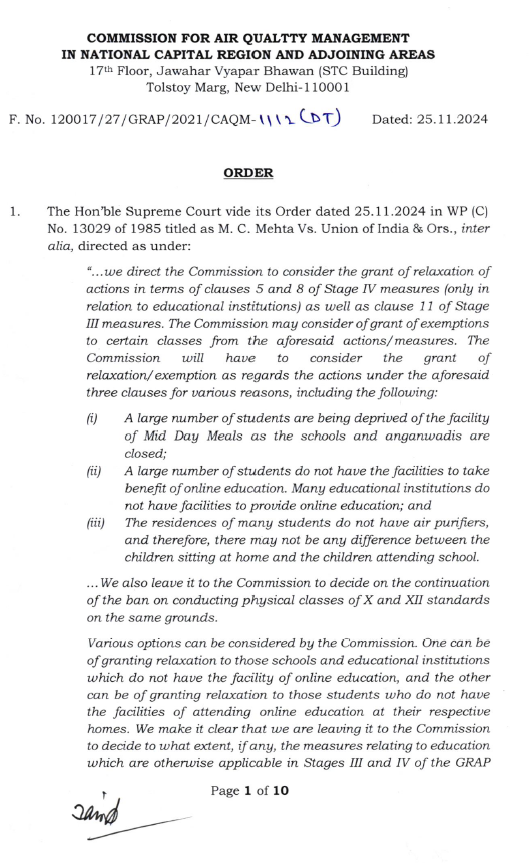 ANI's tweet photo. Delhi | In compliance with the Supreme Court’s directives, giving relaxation in restrictions under Stage-III and Stage-IV of the GRAP, CAQM orders that State Govts in the NCR shall ensure that all classes upto 12th Standard are conducted in a “Hybrid” mode i.e., both in “physical” and also in an “online”, wherever online mode is feasible. The option to exercise online mode of education, wherever available, shall vest with the students and their guardians.