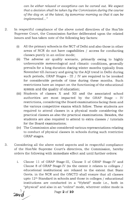 ANI's tweet photo. Delhi | In compliance with the Supreme Court’s directives, giving relaxation in restrictions under Stage-III and Stage-IV of the GRAP, CAQM orders that State Govts in the NCR shall ensure that all classes upto 12th Standard are conducted in a “Hybrid” mode i.e., both in “physical” and also in an “online”, wherever online mode is feasible. The option to exercise online mode of education, wherever available, shall vest with the students and their guardians.