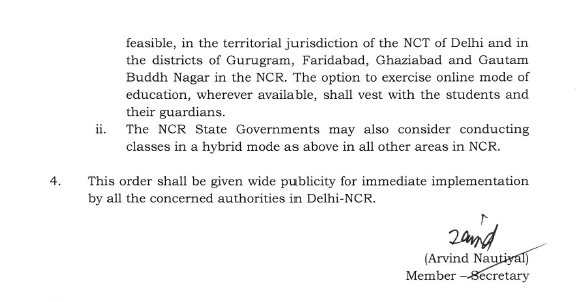 ANI's tweet photo. Delhi | In compliance with the Supreme Court’s directives, giving relaxation in restrictions under Stage-III and Stage-IV of the GRAP, CAQM orders that State Govts in the NCR shall ensure that all classes upto 12th Standard are conducted in a “Hybrid” mode i.e., both in “physical” and also in an “online”, wherever online mode is feasible. The option to exercise online mode of education, wherever available, shall vest with the students and their guardians.