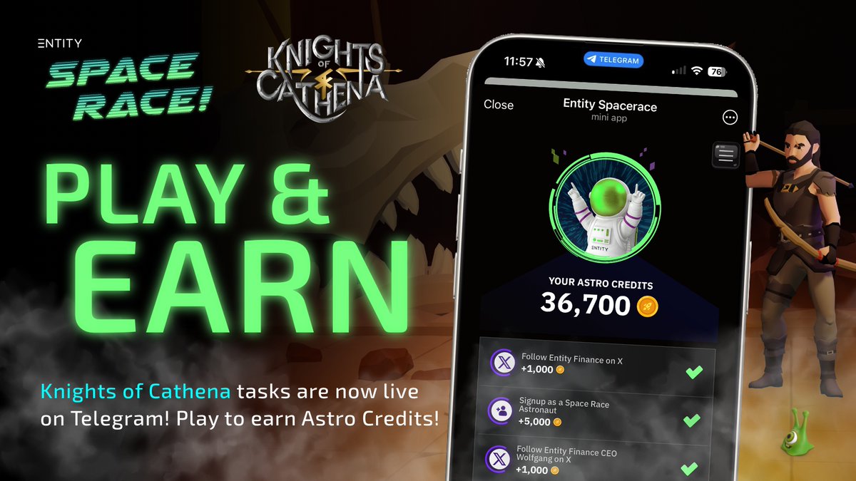 Entity (@entityfinance) on Twitter photo Astronauts, New Telegram Quests Await! 🚀
We’ve been teaming up with <a href="/CathenaKnights/">Knights of Cathena🌱💀</a> (KoC) for a while now, and today, we’re bringing their Space Race Bounties to our Telegram bot!
Complete tasks directly in the mini app to earn Astro Credits. And when you take on the KoC Astronauts, New Telegram Quests Await! 🚀
We’ve been teaming up with <a href="/CathenaKnights/">Knights of Cathena🌱💀</a> (KoC) for a while now, and today, we’re bringing their Space Race Bounties to our Telegram bot!
Complete tasks directly in the mini app to earn Astro Credits. And when you take on the KoC