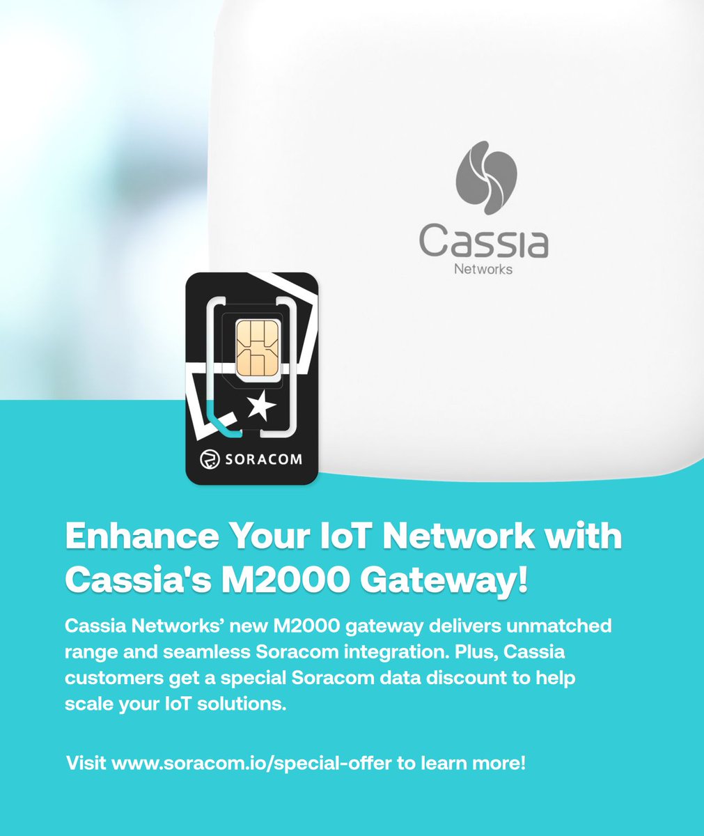 Soracom.io (@soracomiot) on Twitter photo 💪 Want powerful, seamless IoT deployments?
Check out the <a href="/CassiaNetworks/">Cassia Networks</a> M2000 Gateway.
Now bundled with Soracom’s Global IoT SIM, it provides superior long-range Bluetooth connectivity with integrated cellular.
Learn more: bit.ly/4eT7lLJ
#iotconnectivity #iot 💪 Want powerful, seamless IoT deployments?
Check out the <a href="/CassiaNetworks/">Cassia Networks</a> M2000 Gateway.
Now bundled with Soracom’s Global IoT SIM, it provides superior long-range Bluetooth connectivity with integrated cellular.
Learn more: bit.ly/4eT7lLJ
#iotconnectivity #iot