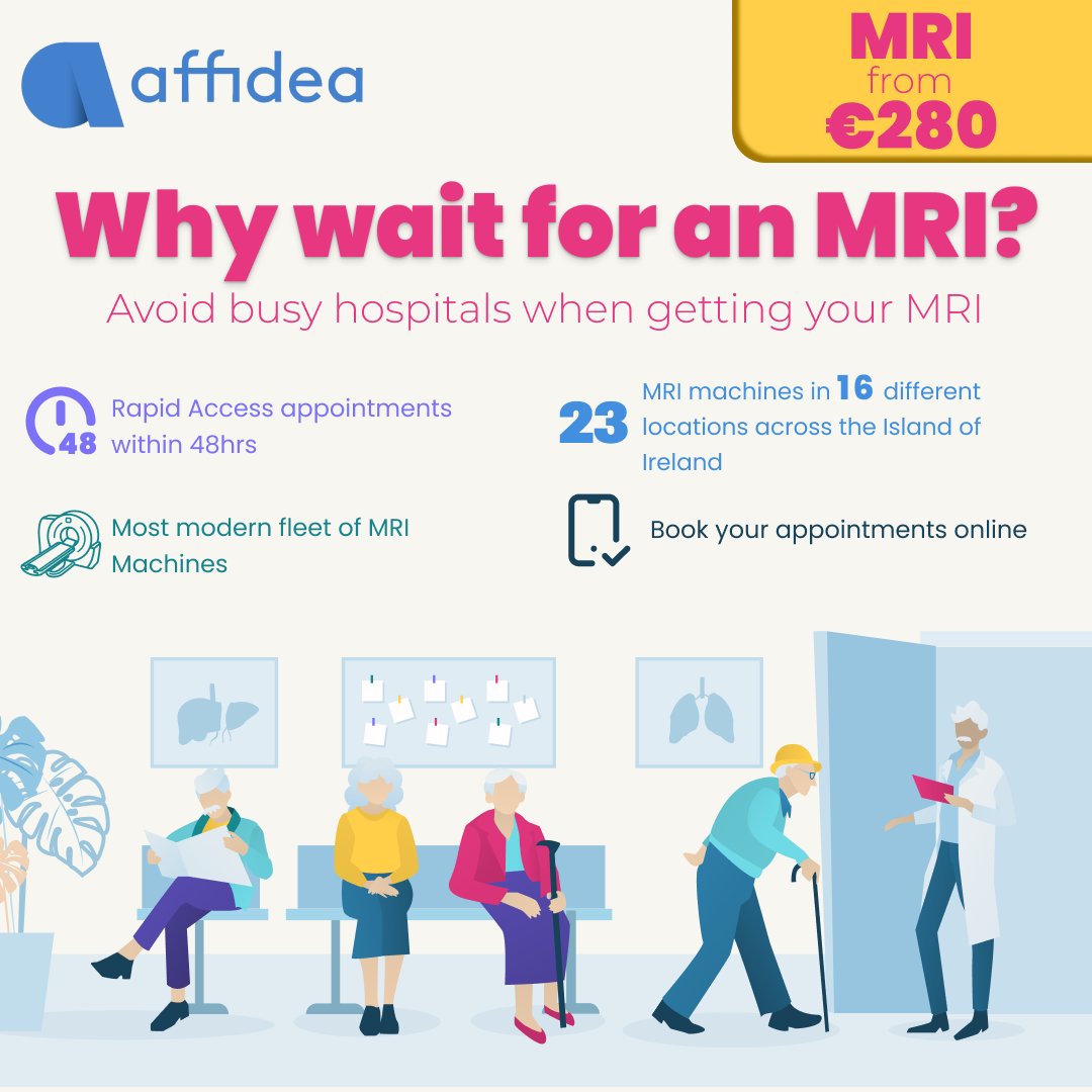 With 16 scanning locations across Ireland, we offer advanced MRI systems in an easy-to-access, non-hospital setting. Quick appointments within 48 hours, affordable healthcare, and convenient online booking. Ask your Doctor/Consultant/Physio to refer you to Affidea! #MRI #out