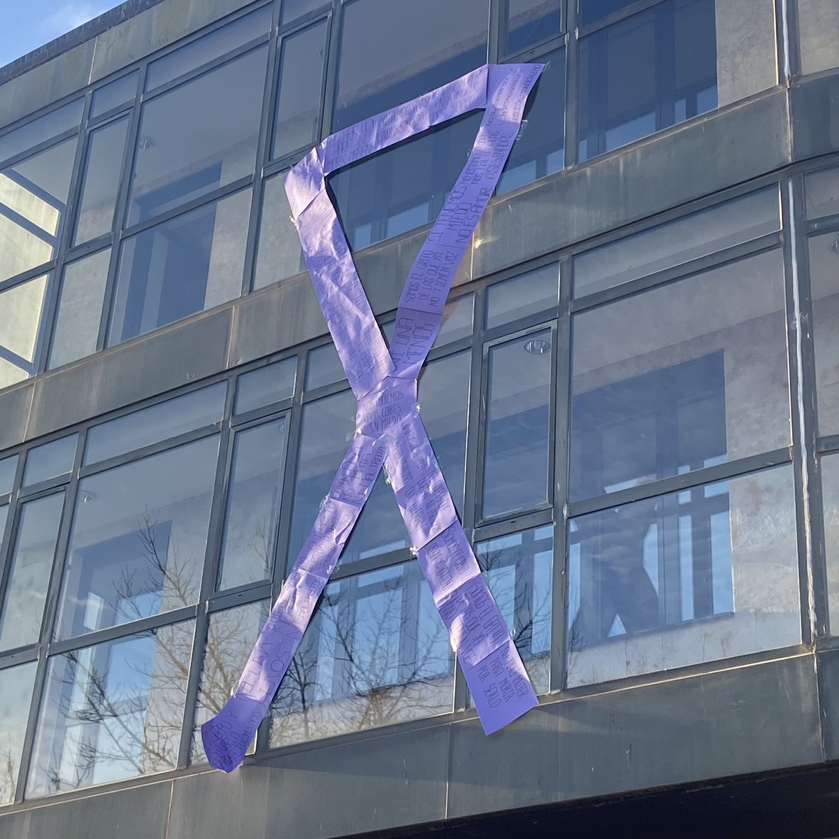 La Comisión de Acción Social de nuestro Colegio ha realizado un lazo morado que cuelga de nuestra fachada como símbolo del compromiso de la comunidad colegial contra la violencia de género