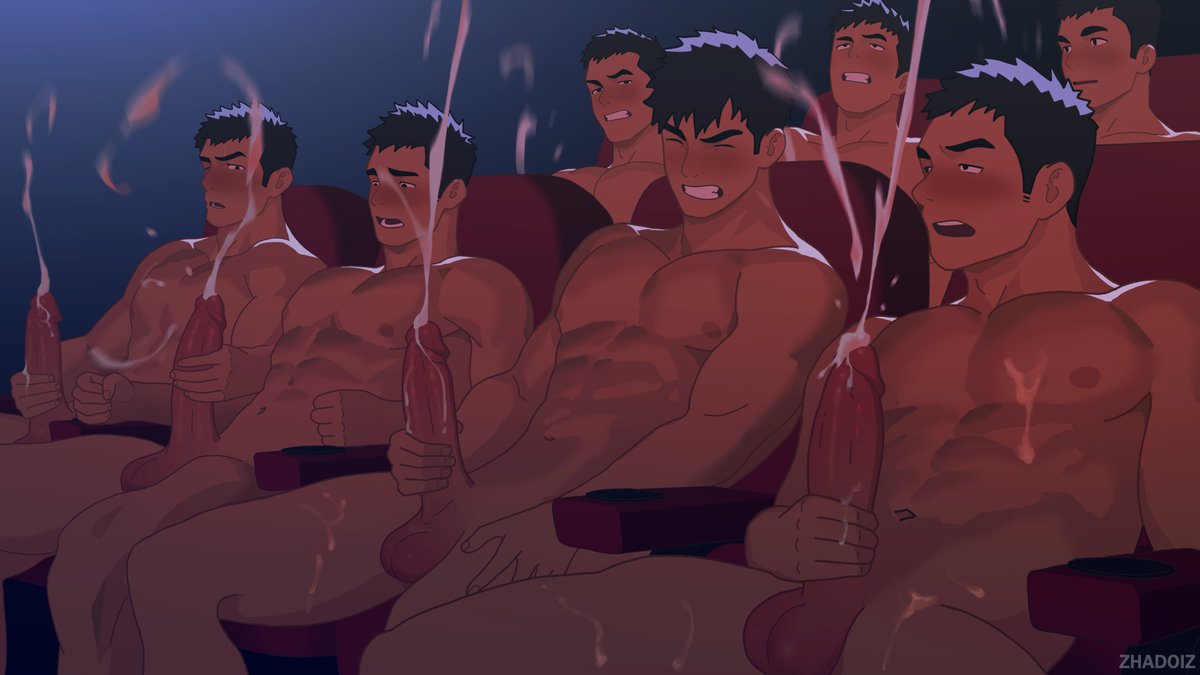 Friend group naked and cum at the the movies