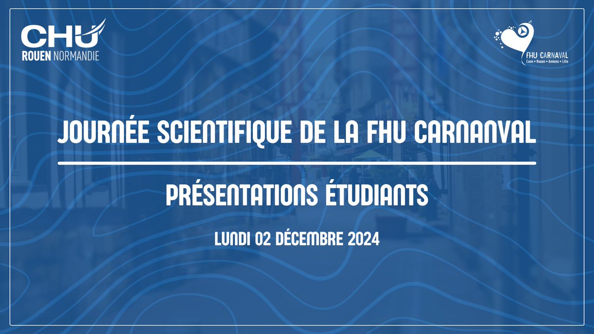 FHU CARNAVAL (@fhu_carnaval) on Twitter photo Journée Scientifique 2024 de la FHU CARNAVAL ➡️J-7
📆 02/12/2024
📍 Vue Sur Seine, Rouen
Les étudiants de la FHU présenteront leur travaux sur l'#insuffisancecardiaque et du #rétrécissementaortique
⚠️Inscription gratuite mais obligatoire : 
invivox.com/fr/training/de… Journée Scientifique 2024 de la FHU CARNAVAL ➡️J-7
📆 02/12/2024
📍 Vue Sur Seine, Rouen
Les étudiants de la FHU présenteront leur travaux sur l'#insuffisancecardiaque et du #rétrécissementaortique
⚠️Inscription gratuite mais obligatoire : 
invivox.com/fr/training/de…