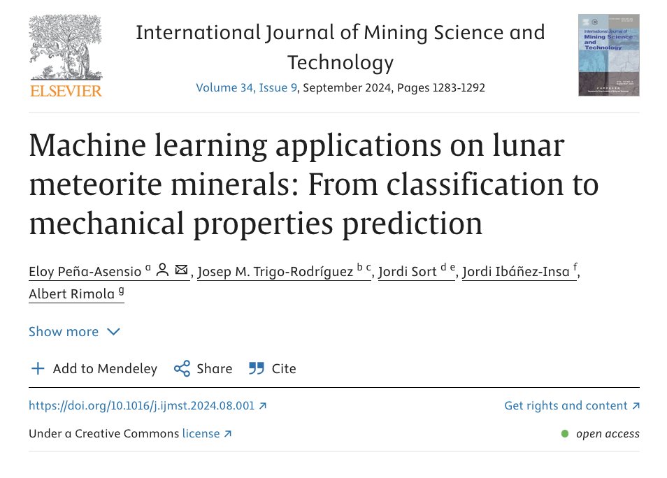 Eloy_PeAs's tweet photo. 🚀 Thrilled to share our new paper: "Machine learning applications on lunar meteorite minerals: From classification to mechanical properties prediction" 🌕✨ Published in International Journal of Mining Science and Technology (@sciencedirect), ranked TOP 1 in its category! https://t.co/EJjD1PMSY3