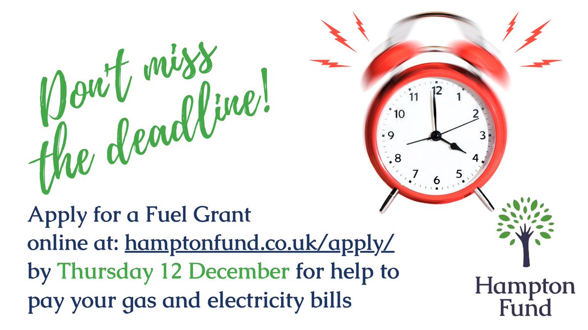 Need help paying your energy bills? On low income living in Hampton, Whitton, Twickenham, Heathfield, Teddington, Hampton Hill, Hampton Wick? Apply  online at hamptonfund.co.uk/individual-gra…  Current  grant period closes Thursday 12 December. New applicants welcome!