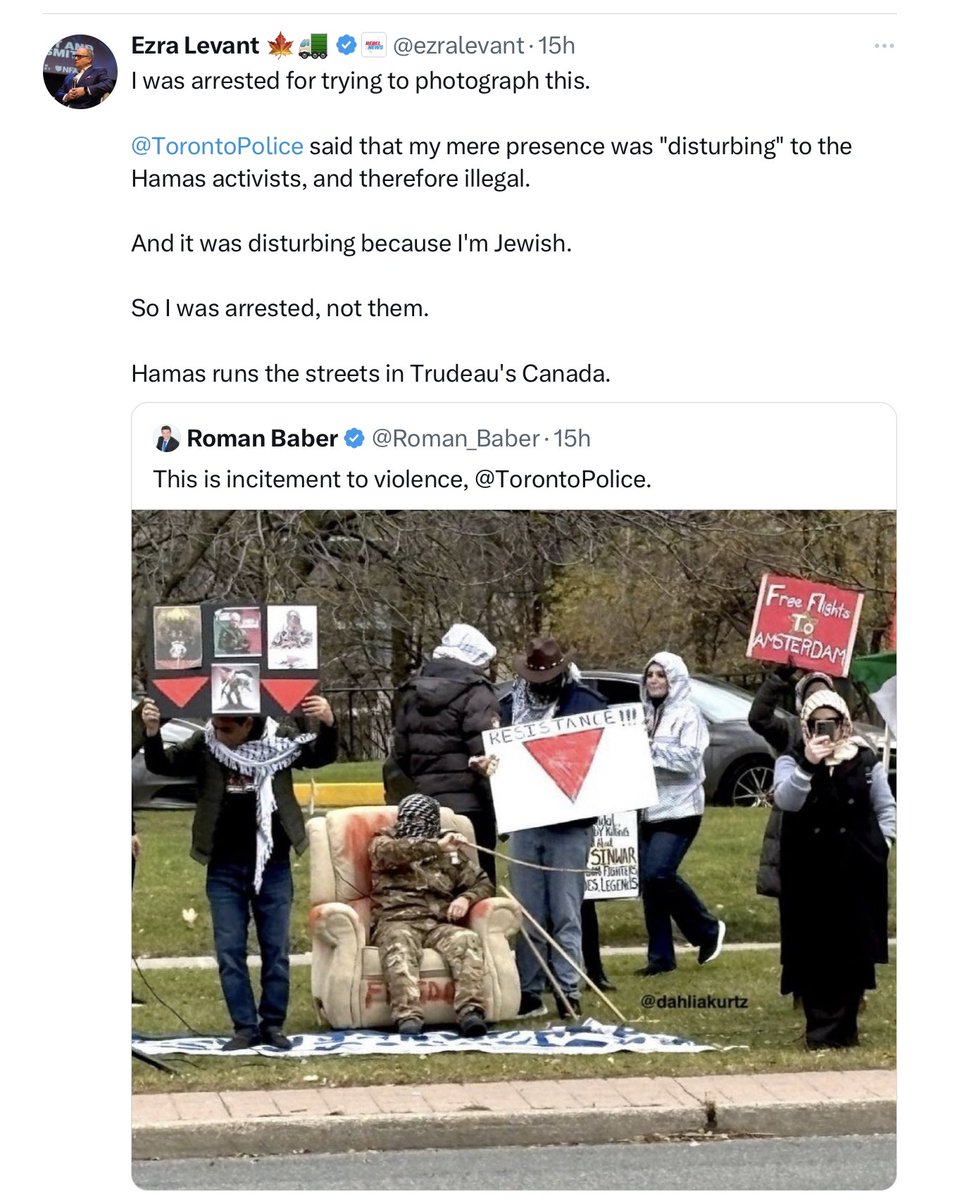SenatorHousakos's tweet photo. Police in two of our largest cities are telling Jewish Canadians they can’t walk their own streets because their presence may antagonize those espousing hate toward them. 

In one instance, going as far as arrest. When we’re arresting someone for video-recording the scene below rather than the people IN the scene? We’ve lost the plot. 

The only reason these hateful proHamas rallies targeting Jews where they live, work, learn, worship aren’t resulting in violence is because those being targeted are themselves peaceful and law abiding. Yet, they’re the ones being detained and restricted by police. 

We have it backwards and it needs to stop. 

@Val_Plante 
@oliviachow 
@JustinTrudeau 
@TorontoPolice 
@SPVM