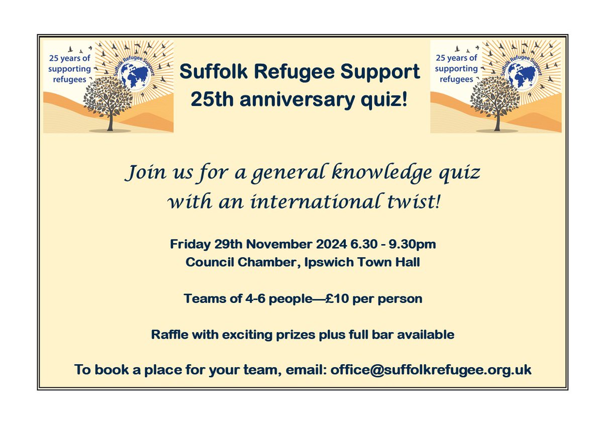 SRS (@suffolk_refugee) on Twitter photo We have the last couple of teams/tables available for our fundraising quiz this Friday (29th). We also have space for a few individuals to join, so if you have a team of 4-6 people or would like to join another group on the night, please email us: office@suffolkrefugee.org.uk 😊 We have the last couple of teams/tables available for our fundraising quiz this Friday (29th). We also have space for a few individuals to join, so if you have a team of 4-6 people or would like to join another group on the night, please email us: office@suffolkrefugee.org.uk 😊