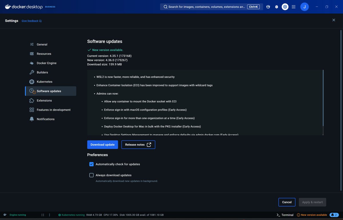 JamesvandenBerg's tweet photo. Docker Desktop for Windows Update 4.36.0 (175267) Available 🐳
https://t.co/Z4TPQ6YOur
#Docker #dockercaptains #Containers #WindowsContainers #Linux #Kubernetes #DevOps #developers #code #Apps #ECI #WSL2 @Docker https://t.co/YFgAoIYrhl