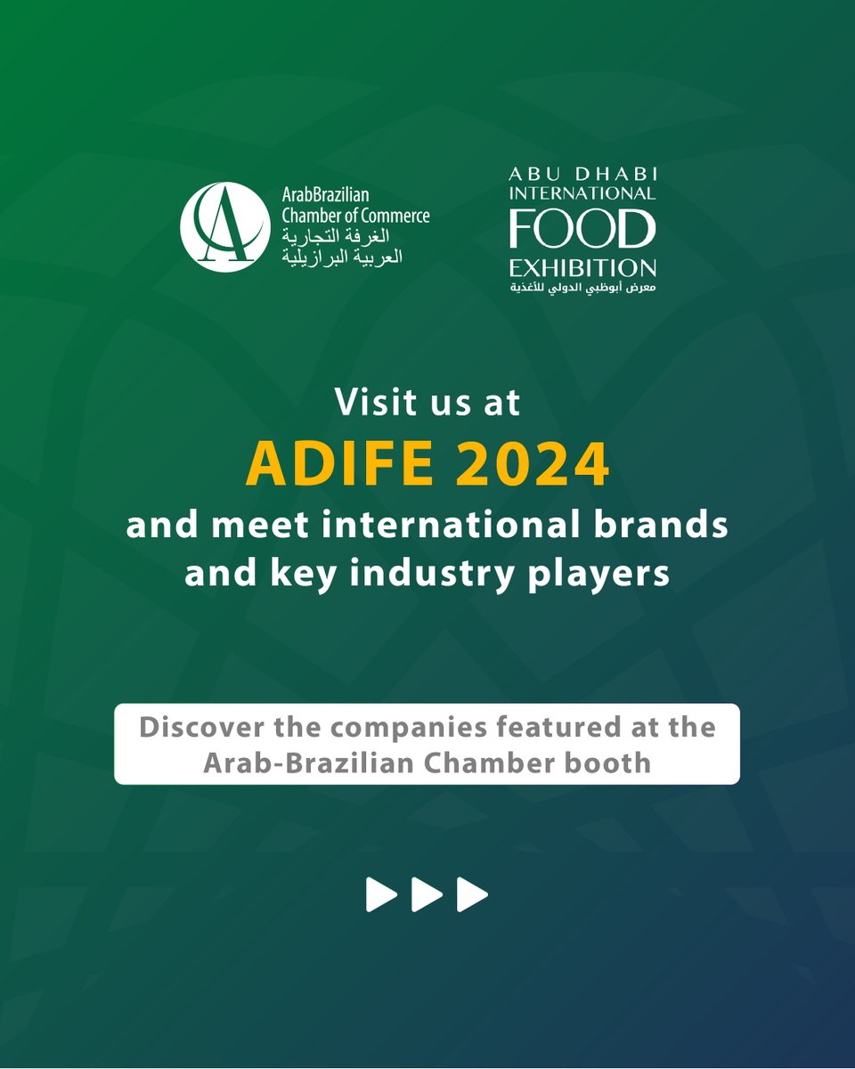 abcc_mea's tweet image. Visit the Arab-Brazilian Chamber of Commerce pavilion at ADIFE (Abu Dhabi International Food Exhibition) 2024 and meet international brands and key industry players. From November 26 to 28 at ADNEC - Abu Dhabi Network Exposition Center. 

See you there! 

#ABCC #ADIFE2024