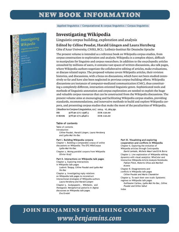 Laboratoire Bases, Corpus, Langage (@bcl_nice) on Twitter photo 📙✒️Just released!👩🎓
#Investigating #Wikipedia
by #CélinePoudat <a href="/BCL_Nice/">Laboratoire Bases, Corpus, Langage</a>, #HaraldLüngen et #LauraHerzberg #LeibnizInstitutFürDeutscheSprache
benjamins.com/catalog/scl.121
<a href="/CNRS_DR20/">CNRS Côte d’Azur</a> @MSHSSudEst 📙✒️Just released!👩🎓
#Investigating #Wikipedia
by #CélinePoudat <a href="/BCL_Nice/">Laboratoire Bases, Corpus, Langage</a>, #HaraldLüngen et #LauraHerzberg #LeibnizInstitutFürDeutscheSprache
benjamins.com/catalog/scl.121
<a href="/CNRS_DR20/">CNRS Côte d’Azur</a> @MSHSSudEst