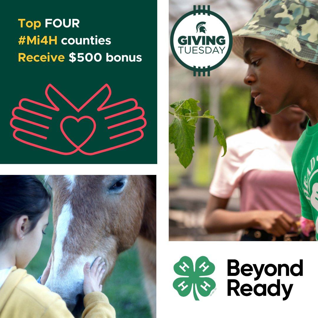 MI4HFoundation's tweet photo. Help grow a county 4-H endowment in your community by joining in the spirit of giving this #GivingTuesday.
As an added bonus, the top 4 #Mi4H counties that raise the most today will receive an additional $500 gift, thanks to a generous matching gift donor! https://t.co/YSDWCFjTX4 https://t.co/ZocZc9sETG