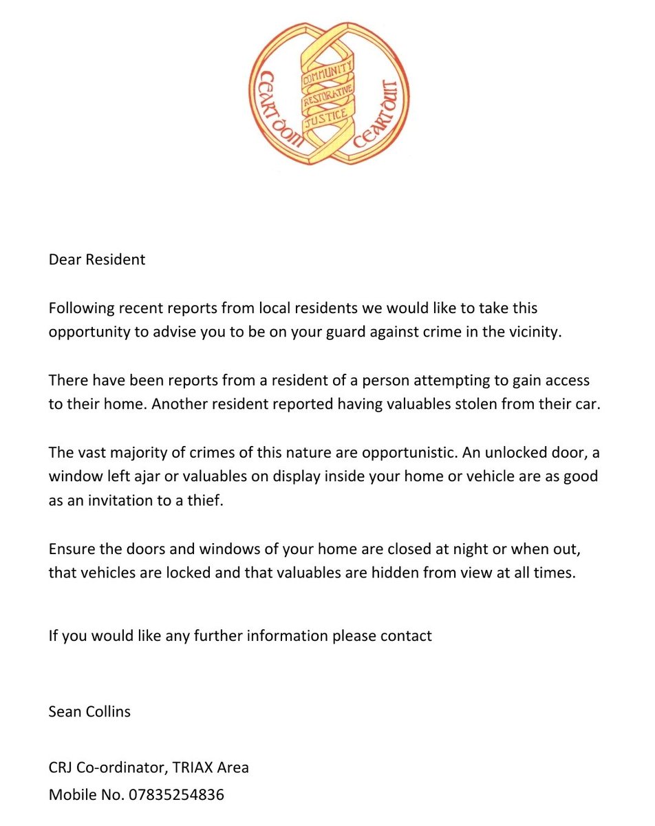 🚨Community Notice🚨

In recent days we have been made aware of attempted house breakins &amp; the theft of personal belongings from a residents car in the Foyle Road area.

Please make sure your home and belongings are secure.

Don't give a thief the opportunity!

#CommunitySafety