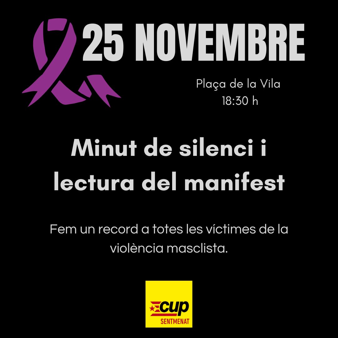 💜 25N - Dia Internacional per a l’Eliminació de la Violència contra les Dones 💜

🕯️ Us convidem a fer un minut de silenci en memòria de totes les víctimes de la violència masclista 💔 aquest vespre a les 18:30 h a la plaça de l’Ajuntament. 🕯️