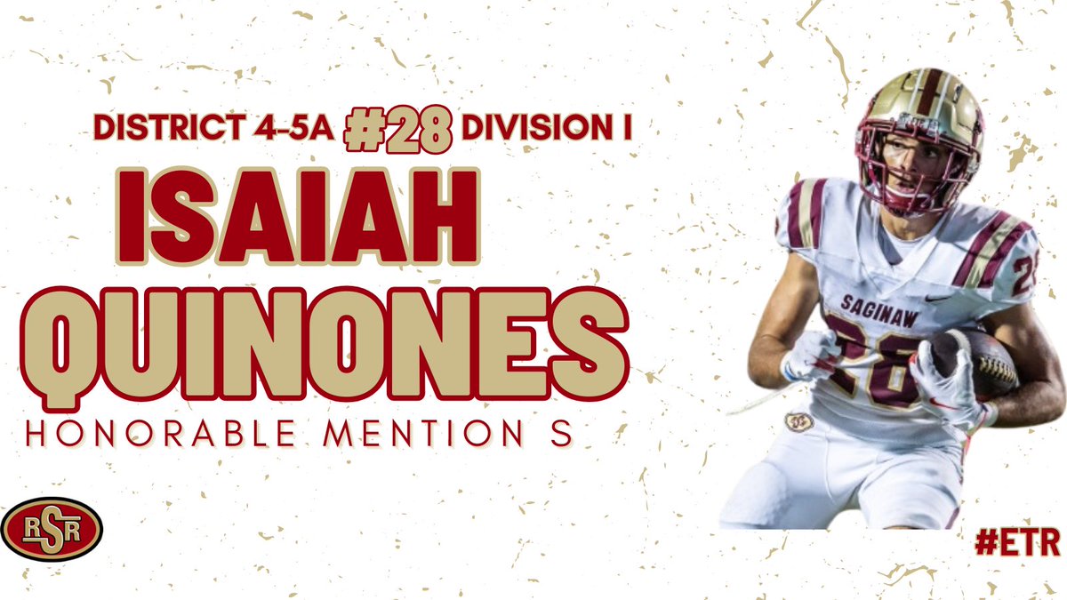 Congratulations to Honorable Mention 4-5A Div. I S, Isaiah Quinones!

▫️51 tackles (24 solo)
▫️3 PBUs
▫️1 FR
▫️3 rush TDs

#ETR