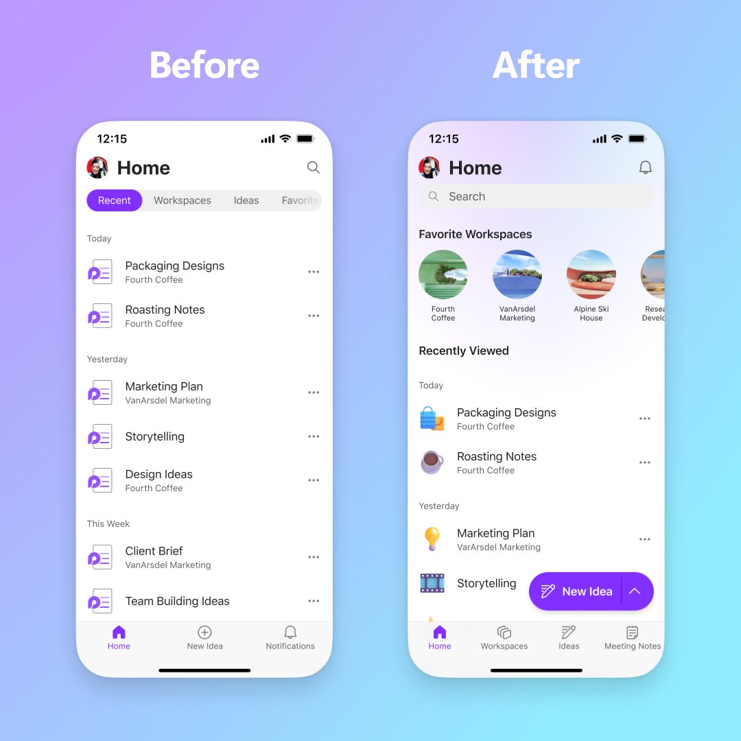 MicrosoftLoop's tweet image. Big #NewinLoop news! Loop on mobile just got a major glow-up with a brand-new home page ✨ Navigate easier, find content faster, and enjoy a fresh look. With a dedicated Meeting Notes tab and quick-access favorites carousel, your Loop experience on the go just got way better 📲