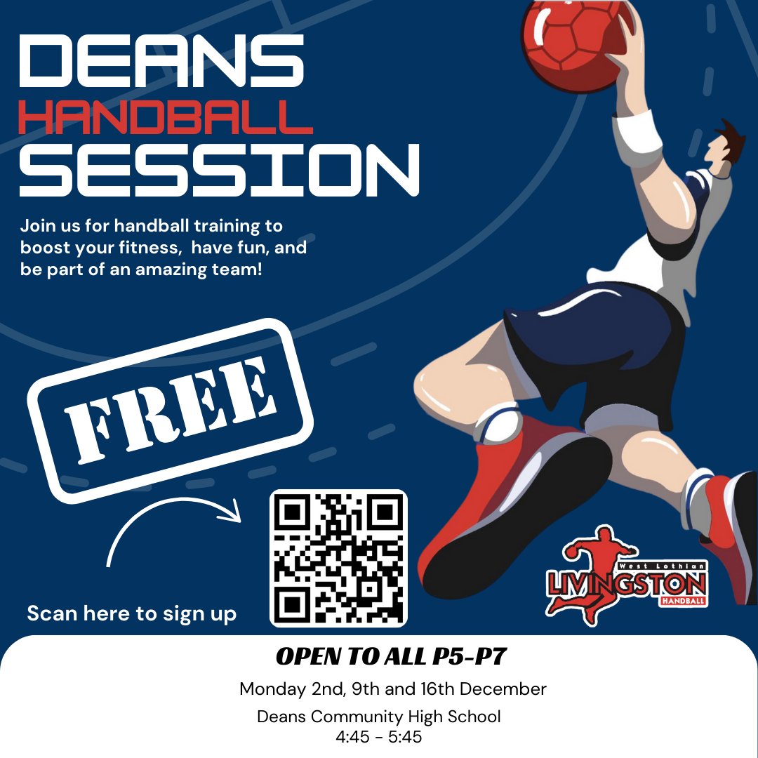 livingston_hc's tweet photo. Exciting News! Our Dean's Handball Session is starting back up NEXT WEEK! We are offering 3 FREE sessions for all pupils in p5-p7
Sign up here: https://t.co/gymIPeDtt3
@ActiveS_Deans @ActiveWL @LoveWestLothian
 #handball #sport #westlothian #handballplayer https://t.co/MdbeFNRbUY