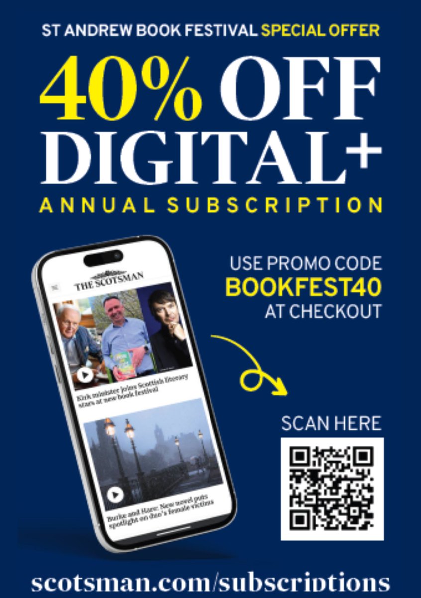 standrewsbkfest's tweet photo. We're going to make you an offer you can't refuse.
40% off digital annual subscription to one of the best newspapers! We're delighted to have @TheScotsman  as a supporter of The St Andrew's book Festival in London. Get your tickets here for all the events: https://t.co/TUF7zeEUns https://t.co/iTQEjN5JKd