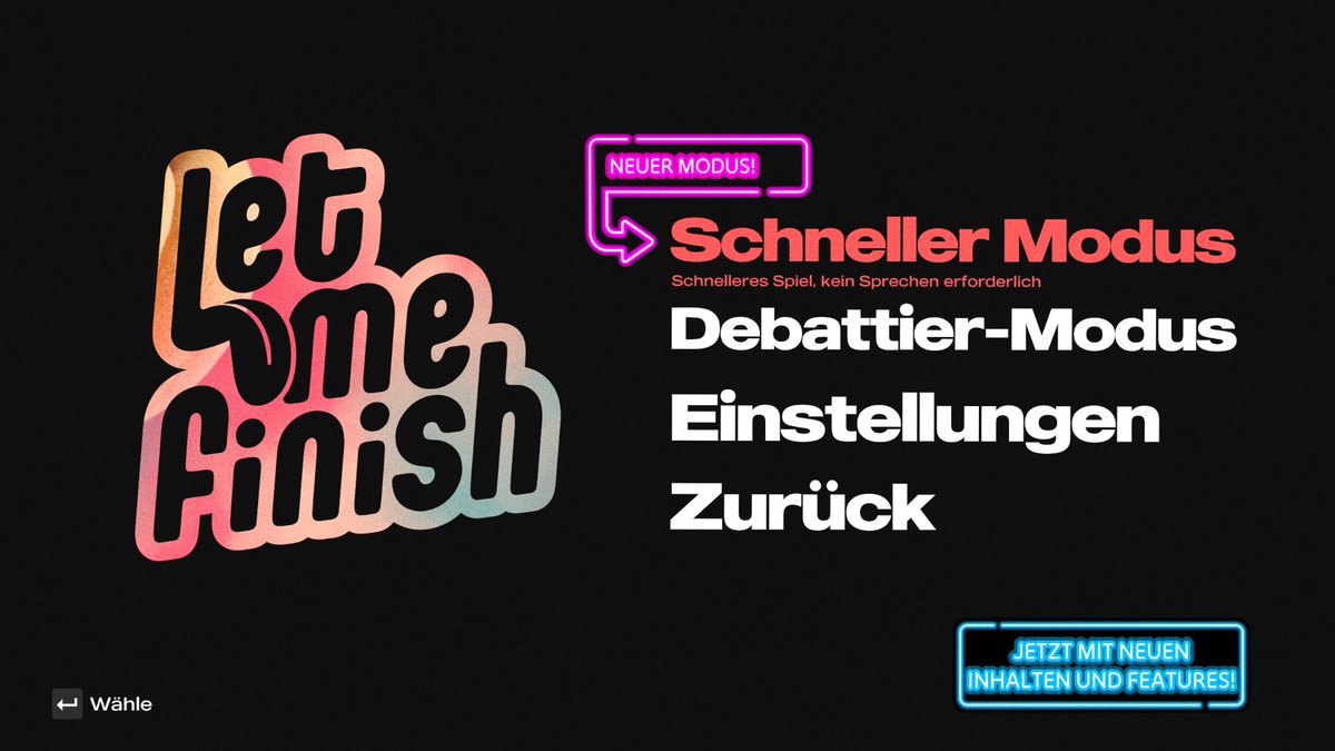 🌶️DER NAUGHTY PACK CONTENT PATCH IST DA!🌶️

Genießt den neuen Schnellen Modus in Let Me Finish, der auch online ohne Mikrofon gespielt werden kann, neue Inhalte auf Deutsch in allen drei Spielen und viele weitere Verbesserungen! Jetzt für alle Plattformen verfügbar! 😎