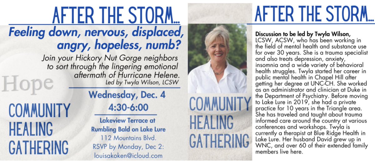 RumblingBald's tweet photo. All local residents are invited to a free community dialogue led by licensed mental health counselor &amp; local resident Twyla Wilson, LCSW on 12/4 from 4:30-6pm at The Lakeview Terrace. Please RSVP by Monday, December 2nd to louisakoken@icloud.com or by calling 864.380.5337. https://t.co/VUcklvm8Kc