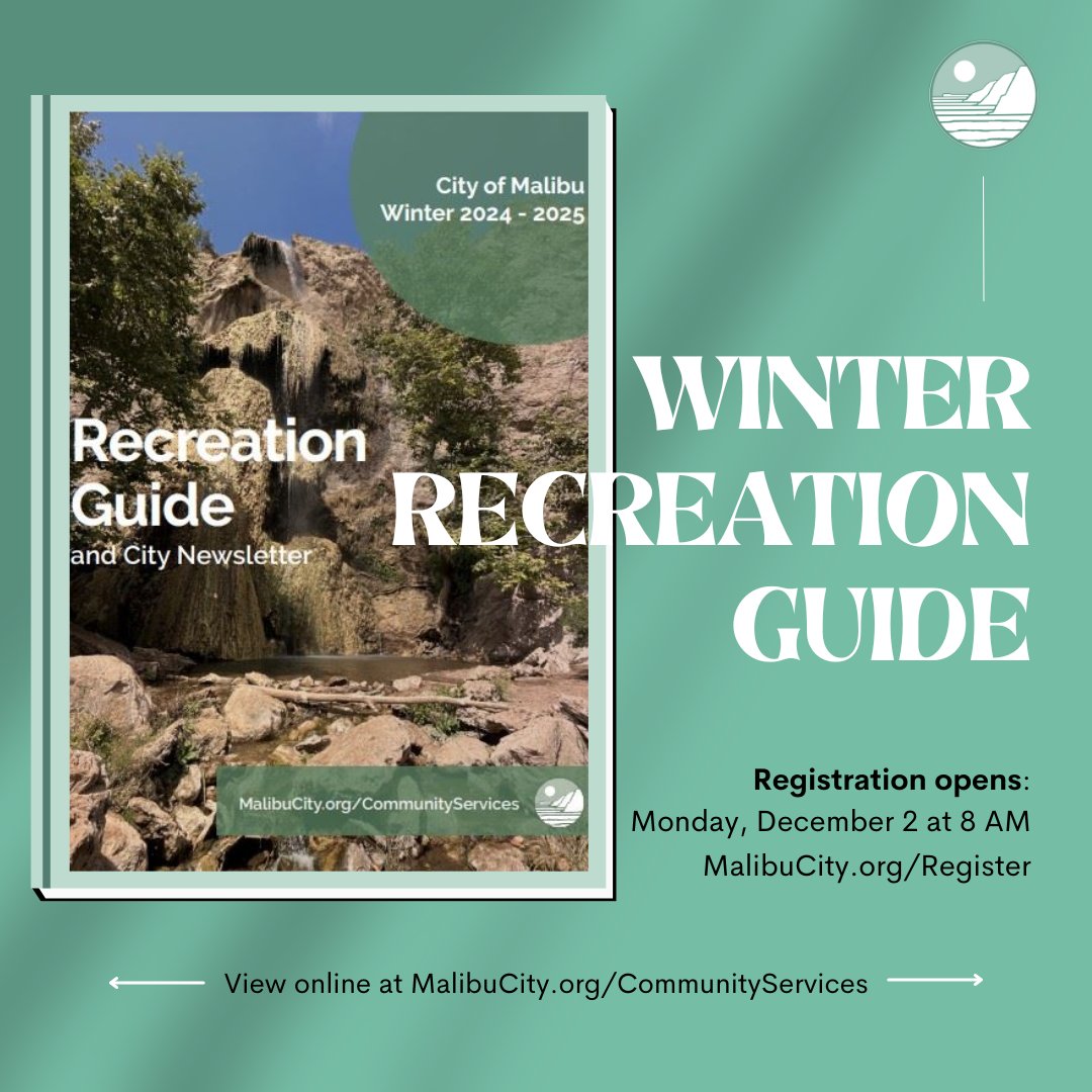 MalibuCSD's tweet image. 📨YOU’VE GOT MAIL – The Winter Recreation Guide is out now! Check your mailbox to view the list of new programs available this winter or view them online at MalibuCity.org/CommunityServi…. #Malibu #CommunityServices #RecreationGuide #WinterPrograms
