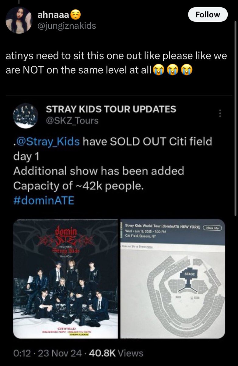 atzlovclub's tweet photo. why are they acting like ateez didnt perform at citi field like they were the 2nd kpop group to perform there after bts, werent they....?😭😭😭😭

are they slow and dumb or are they just turning blind to reality for the sake of lifting their favs up https://t.co/tmYcA8pwJM