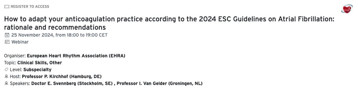EHRAPresident (@ehrapresident) on Twitter photo #EHRA_ESC Webinar on How to adapt your anticoagulation practice according to the 2024 <a href="/escardio/">European Society of Cardiology</a> Guidelines on #AFib: rationale and recommendations with Paulus Kirchhof <a href="/EmmaSvennberg/">Emma Svennberg</a> <a href="/IsabelleVGelder/">Isabelle Van Gelder</a> is today at 18:00 CET
Register here 👉 bit.ly/3ATvNhJ and ask your #EHRA_ESC Webinar on How to adapt your anticoagulation practice according to the 2024 <a href="/escardio/">European Society of Cardiology</a> Guidelines on #AFib: rationale and recommendations with Paulus Kirchhof <a href="/EmmaSvennberg/">Emma Svennberg</a> <a href="/IsabelleVGelder/">Isabelle Van Gelder</a> is today at 18:00 CET
Register here 👉 bit.ly/3ATvNhJ and ask your