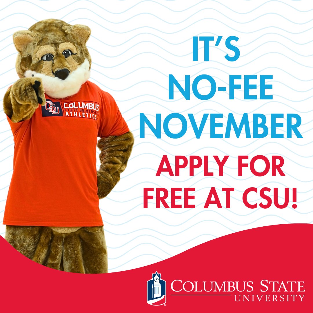 ColumbusState's tweet image. One more week to apply to CSU for free! 🤩
Undergraduate and graduate application fees are waived until the end of November. 
Apply here👇columbusstate.edu/admissions/app…
#FreeApplicationMonth #NoFeeNovember