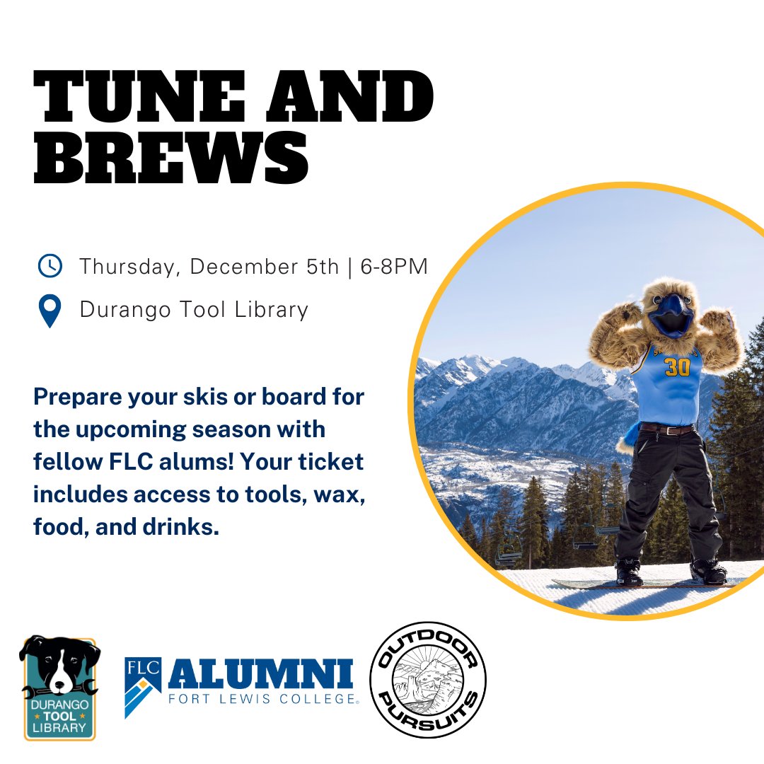 Join us for a night of ski and snowboard tuning led by Outdoor Pursuits Assistant Director and alumnus Josh Kling '05. Get tips, enjoy great food, and mingle with fellow alumni over some of Durango's best brews. 
RSVP Here: alumni.fortlewis.edu/events/calenda…

#FLCAlumni #FortLewisCollege