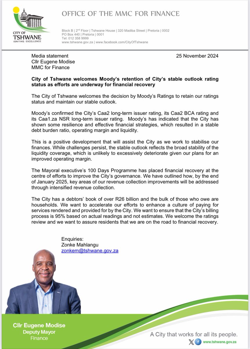 City of Tshwane welcomes Moody’s retention of City’s stable outlook rating status as efforts are underway for financial recovery.