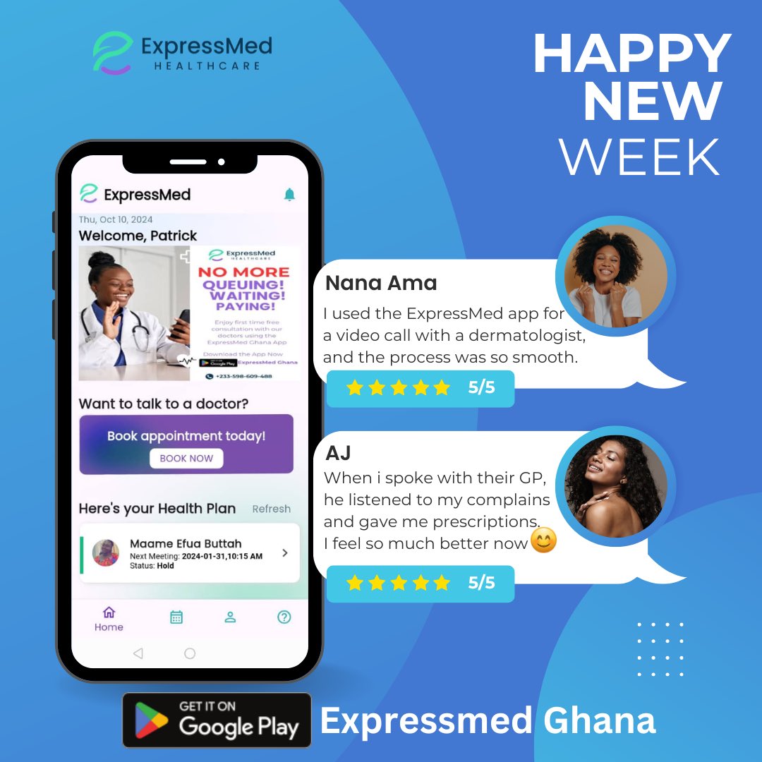 ExpressmedH's tweet photo. Get yourself a doctor friend from the ExpressMed Ghana app. Download now!
Happy new week😊
#Health #healthcare #expressmed #telemedicine https://t.co/0ar0Wp1C4m